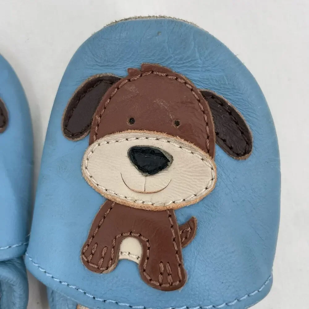 Puppy Shoes Blue Leather Baby Crib Soft Sole Slip On Footware Size 0-6 Months